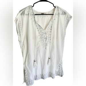 L’affaire Womens Beachy Boho Embroidered White Sleeveless Sheer Top Size L